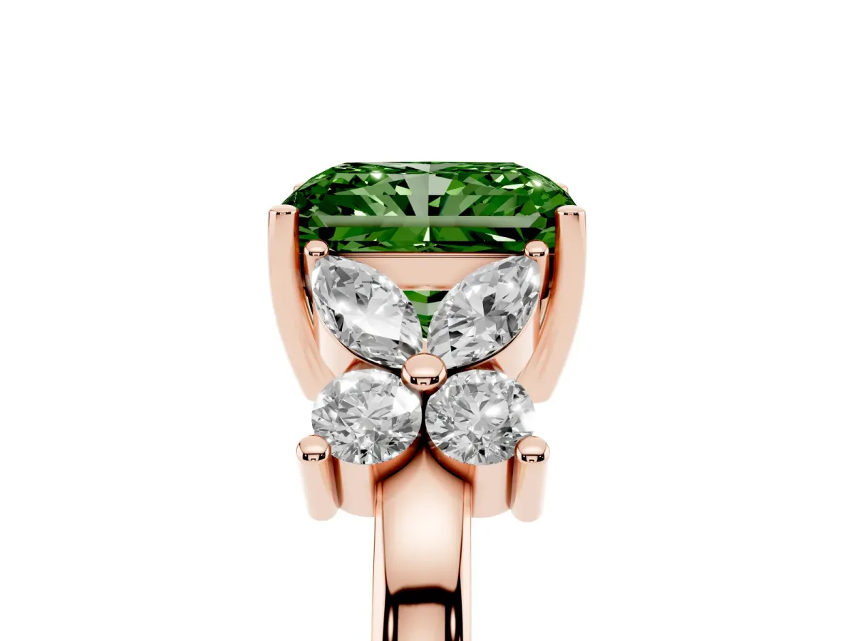 Fancy Green Radiant Cut Diamond Floral Cluster Ring with Solitaire Band and Prong Setting Rose gold