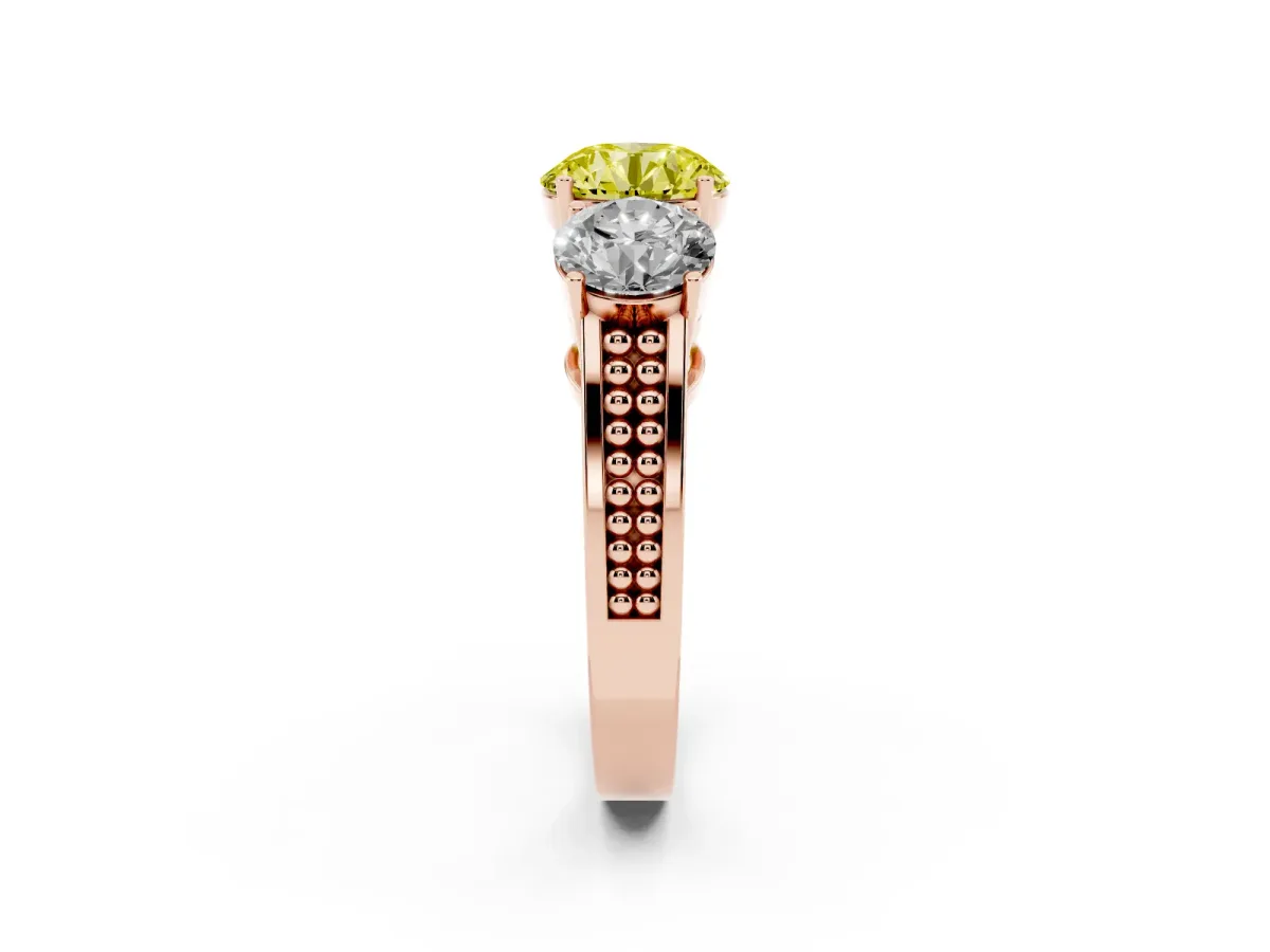 Fancy Yellow Round Cut Diamond Three-Stone Ring with Prong Setting and Textured Band Rose gold
