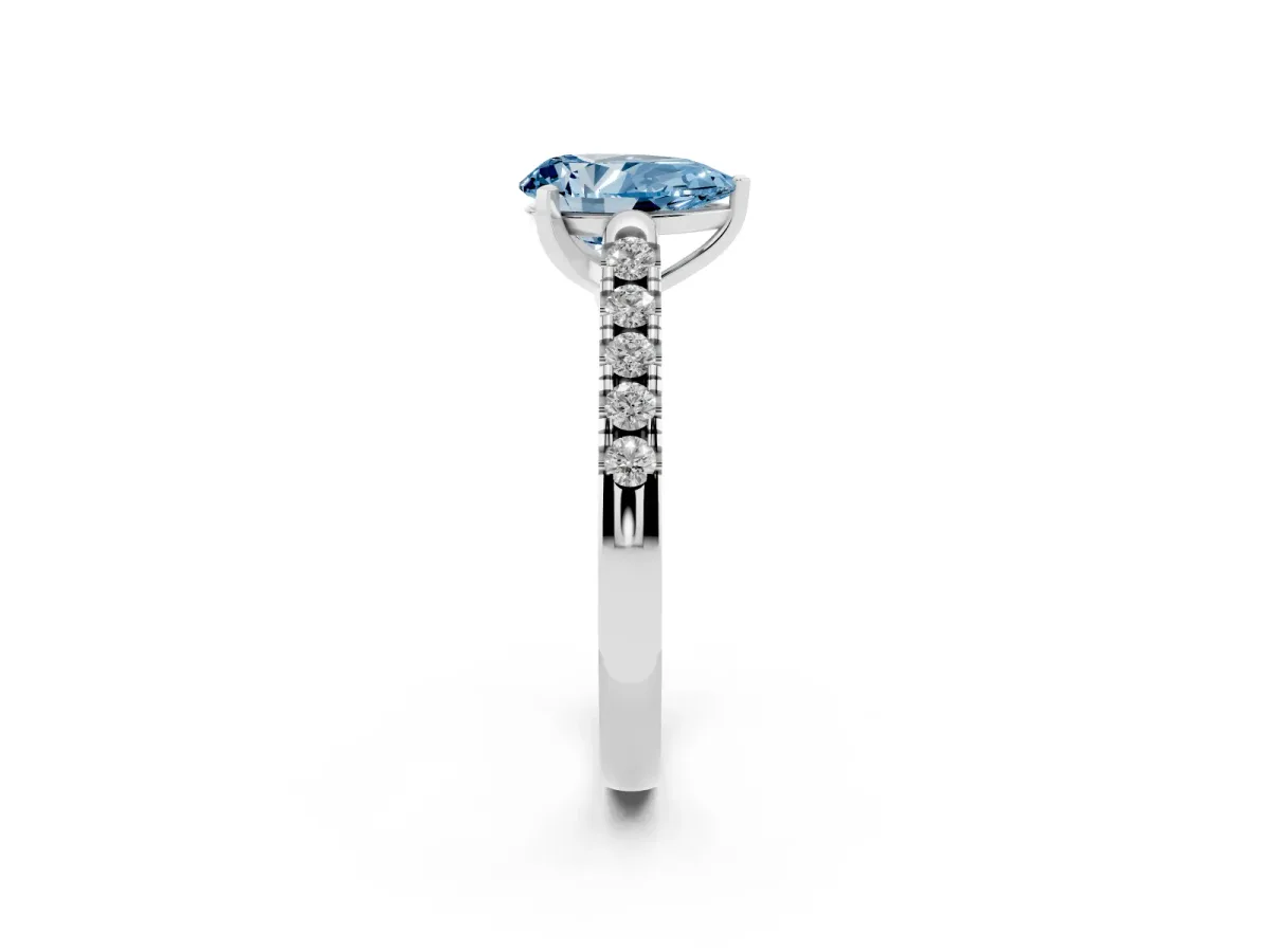 Fancy Blue Pear Cut Diamond Pavé Band Solitaire Ring with Prong Setting Platinum