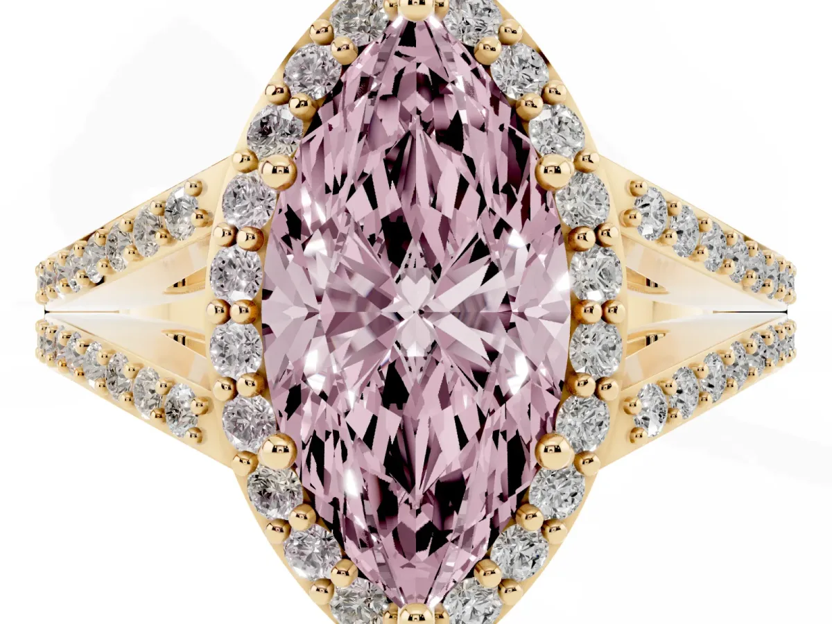 Fancy Pink Marquise Cut Halo Split Shank Pave Diamond Ring with Four-Prong Setting Yellow gold