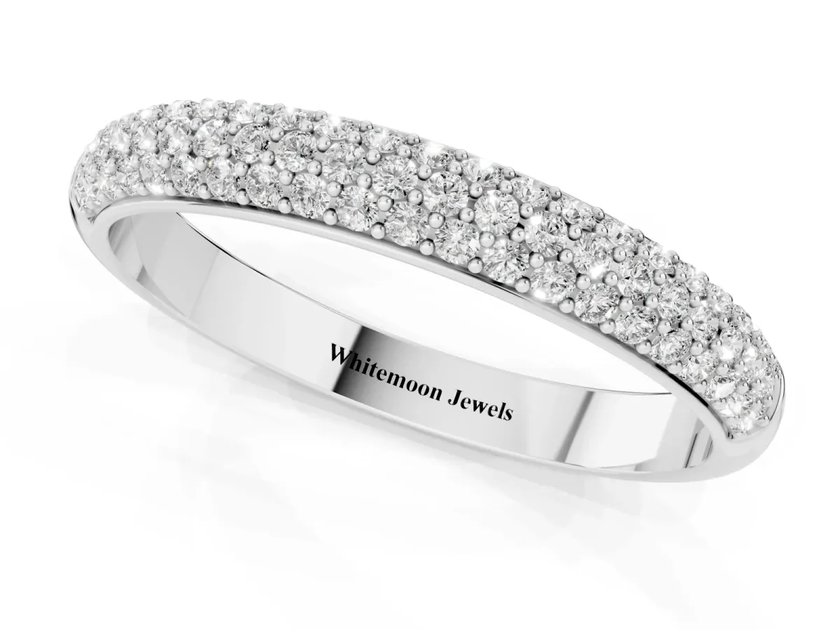 Three-Row Pave Round Diamond Eternity Band with Shared Prong Setting Platinum