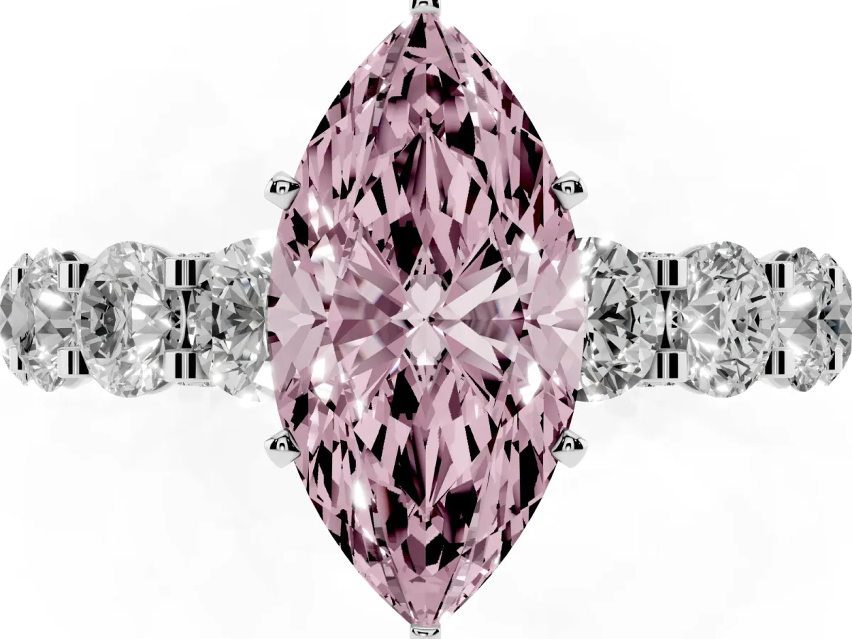 Fancy Pink Marquise Cut Diamond Side Stone Engagement Ring with Four-Prong Setting Silver