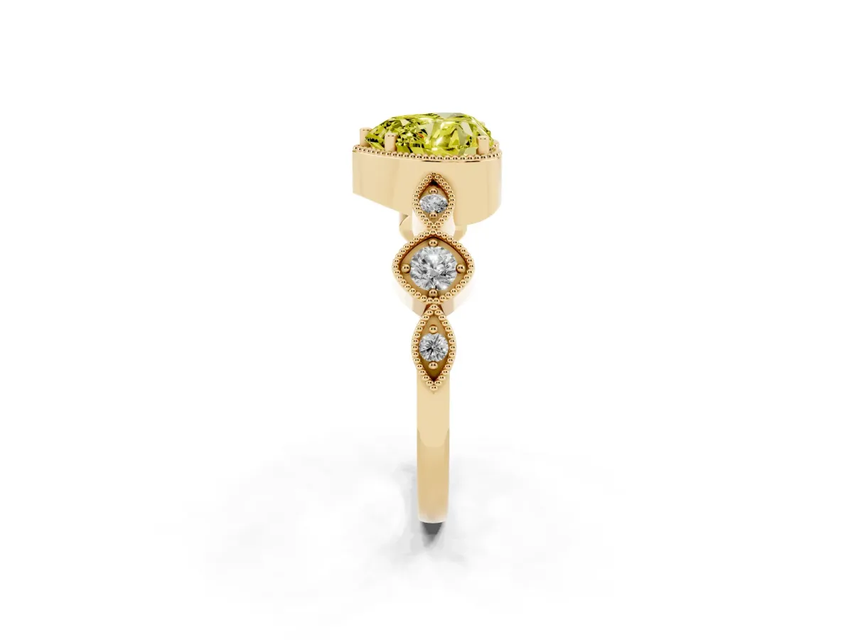 Fancy Yellow Heart Cut Diamond Vintage Milgrain Ring with Round Stations Yellow gold