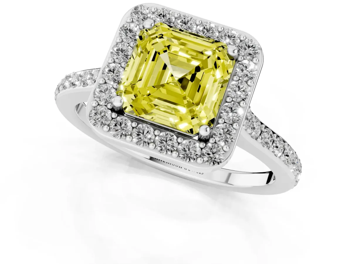 Fancy Yellow Asscher Cut Diamond Halo Engagement Ring with Round Pavé Shoulders and Prong Setting Silver