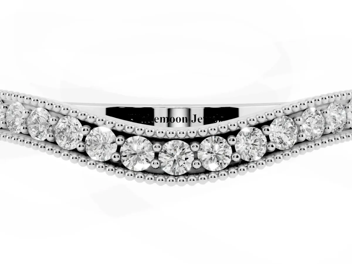 Pavé Round Diamond Curved Band with Milgrain Edge Platinum