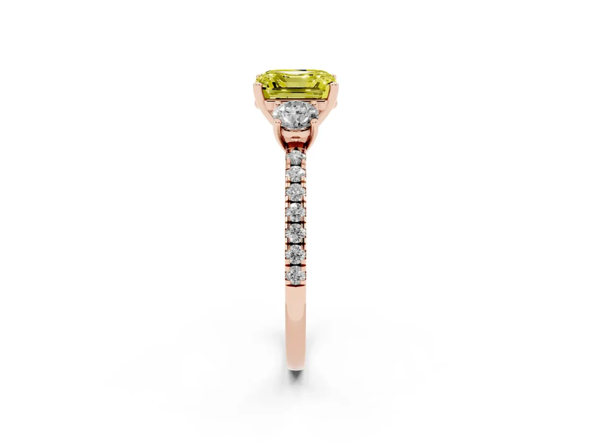 Fancy Yellow Three-Stone Asscher Cut Cut Diamond Pavé Band with Prong Setting Rose gold