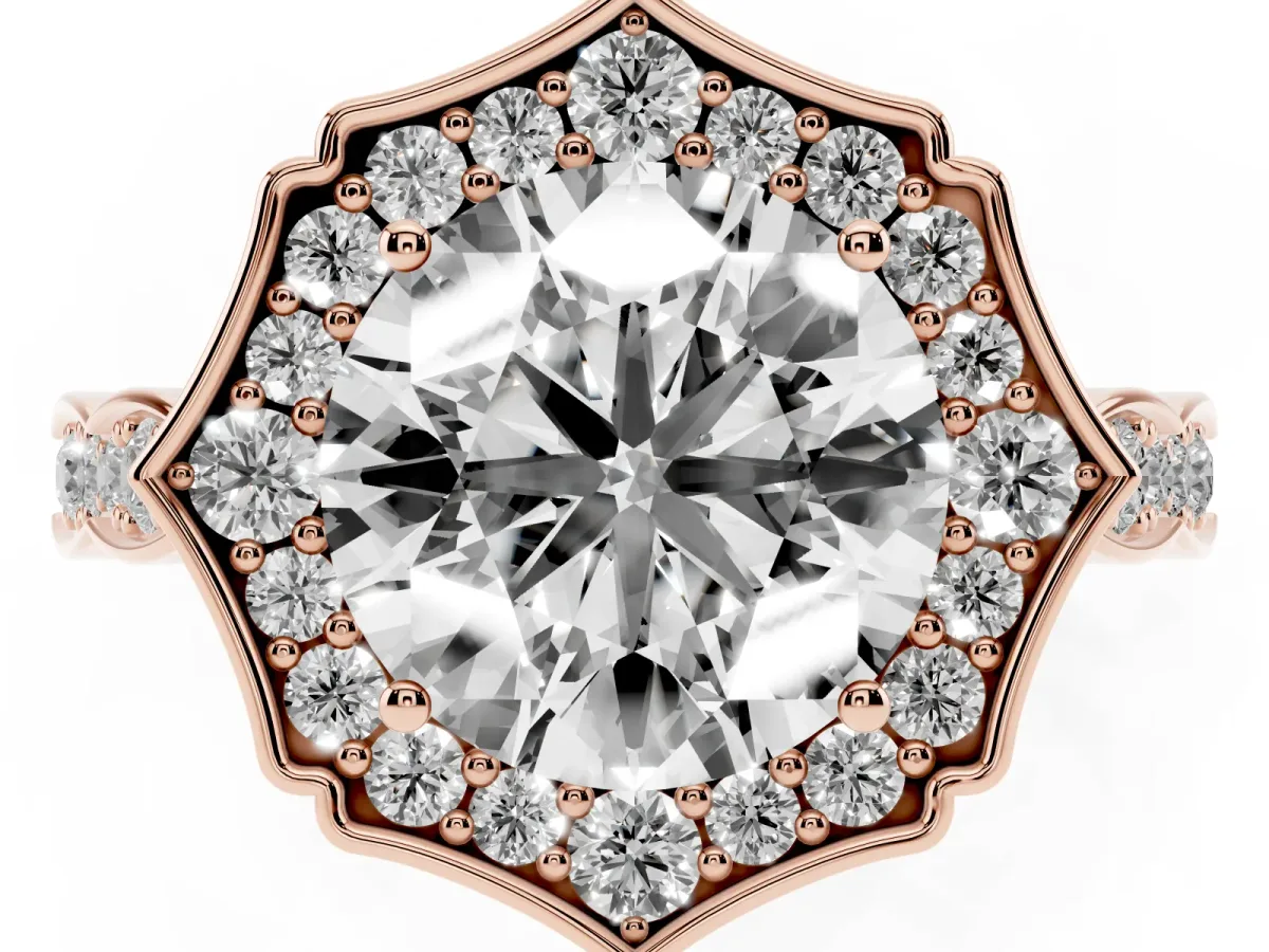 Round Cut Halo Diamond Engagement Ring with Milgrain Band and Four-Prong Setting Rose gold