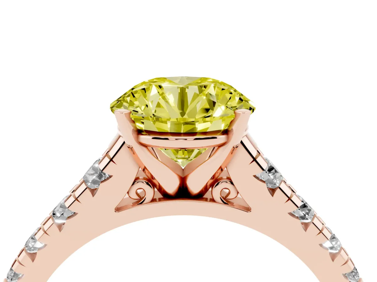 Fancy Yellow Round Cut Diamond Cathedral Solitaire Ring with Round Pavé Band Rose gold