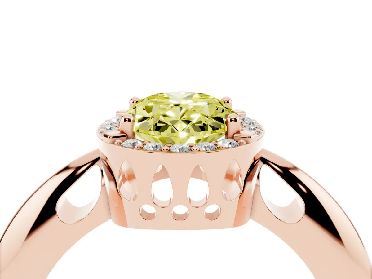Fancy Yellow Oval Cut Cut Diamond Halo Engagement Ring with Split Shank and Four-Prong Setting Rose gold