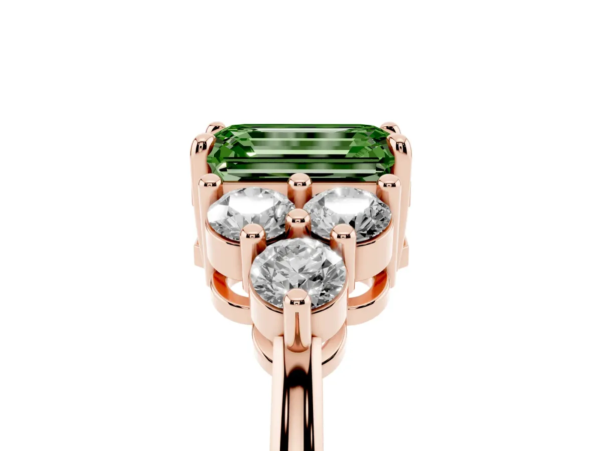 Fancy Green Emerald Cut Brilliant Diamond Cluster Accent Solitaire Ring with Prong Setting Rose gold