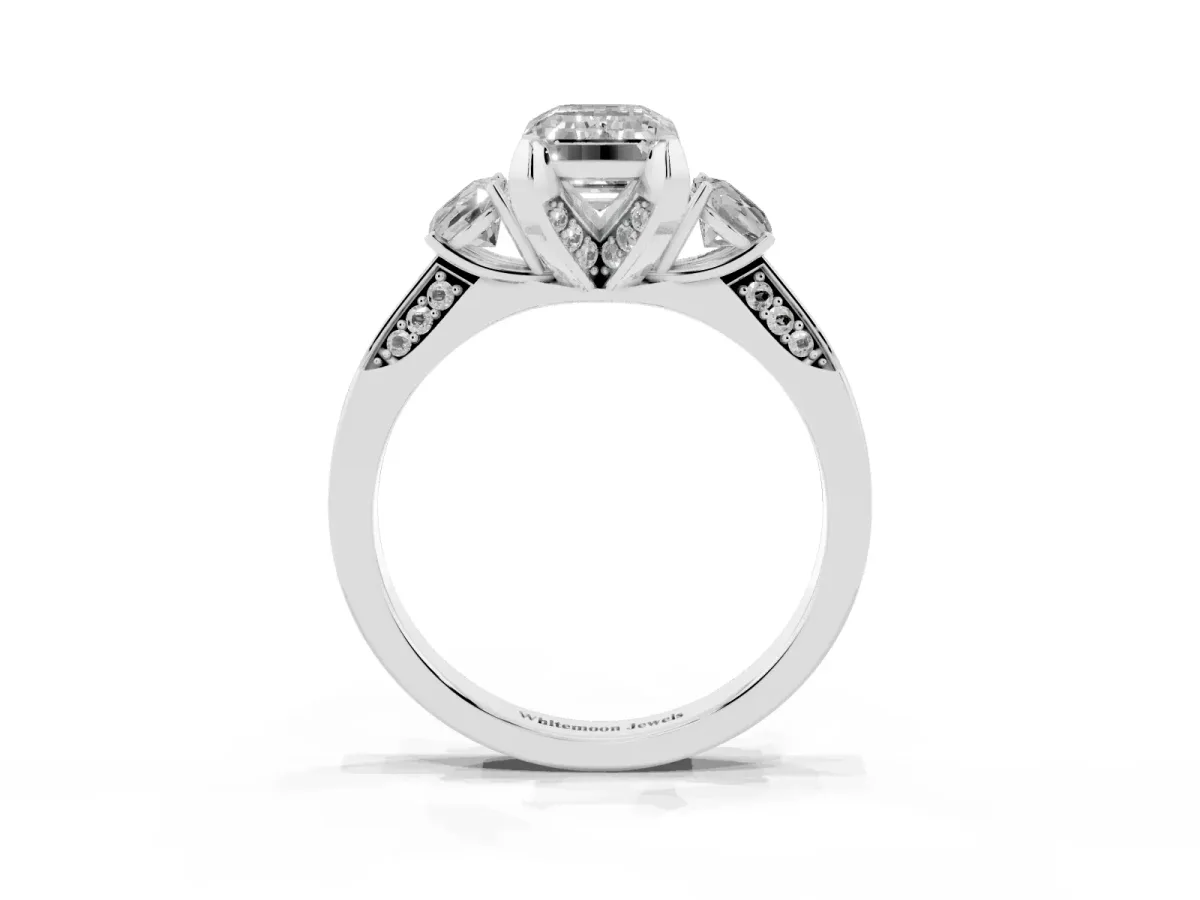 Fancy Black Emerald Cut Brilliant Three-Stone Diamond Ring with Pavé Band and Four-Prong Setting Platinum
