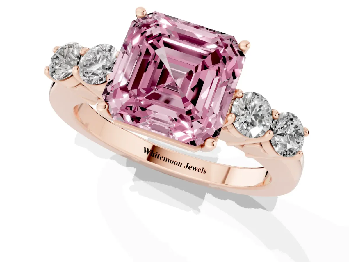 Fancy Pink Asscher Cut Cut Diamond Five-Stone Prong Set White Gold Ring Rose gold