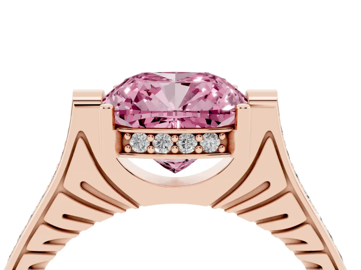 Fancy Pink Cushion Cut Solitaire Diamond Ring with Channel Set Band and Bezel Prong Setting Rose gold