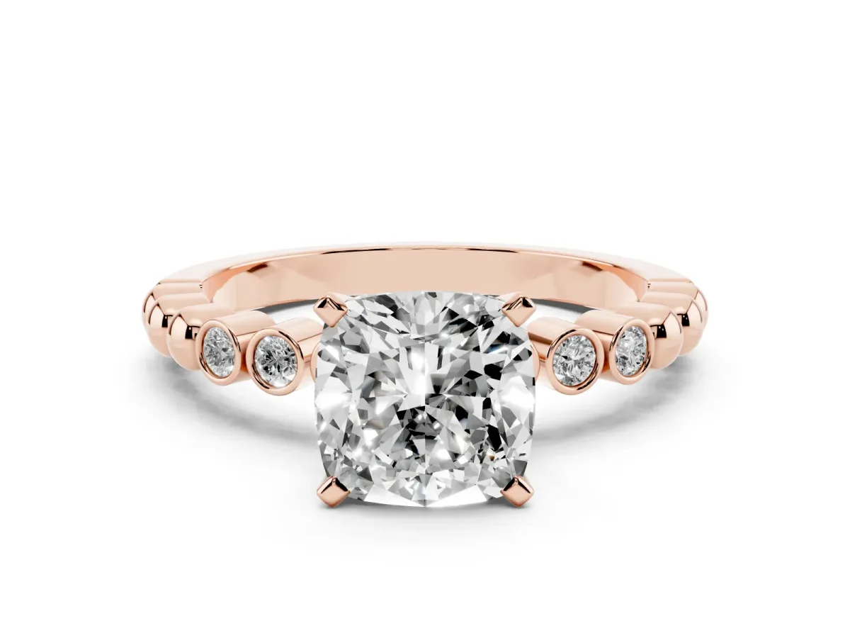 Cushion Cut Solitaire Bezel Accent Diamond Engagement Ring with Beaded Band and Four-Prong Setting Rose gold