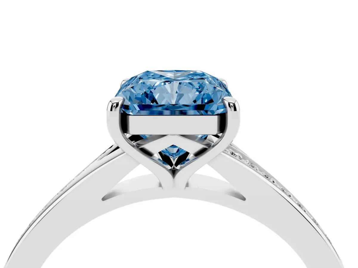Fancy Blue Radiant Cut Diamond Solitaire Ring with Pavé Band and Prong Setting Silver