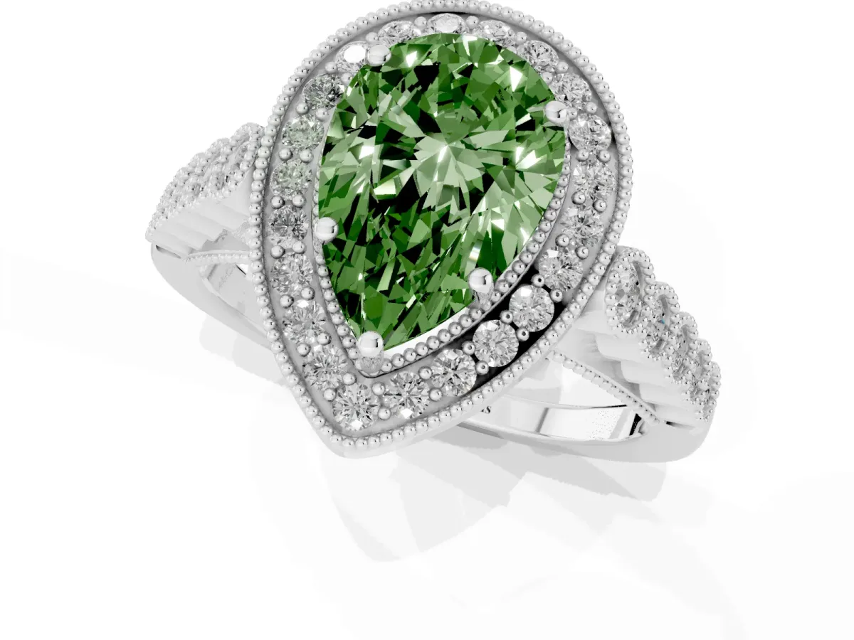 Fancy Green Pear Cut Halo Milgrain Solitaire with Bezel Set Side Stones and Pave Band Silver