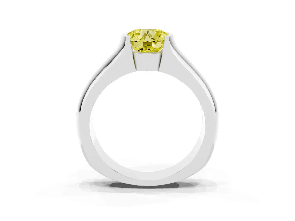 Fancy Yellow Round Cut Solitaire Bezel Set Diamond Ring with Wide Band Platinum