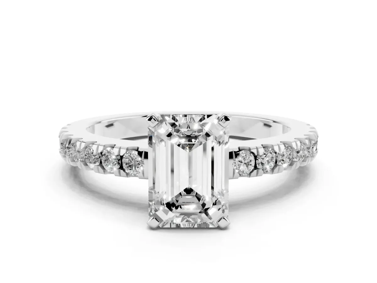 Emerald Cut Solitaire Diamond with Pavé Band and Four-Prong Setting Silver