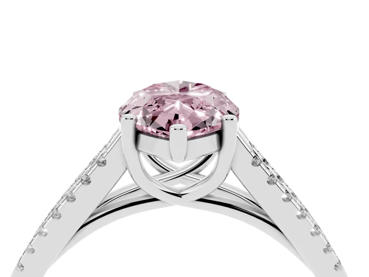 Fancy Pink Marquise Cut Diamond Solitaire Engagement Ring with Split Shank Pavé Band Silver