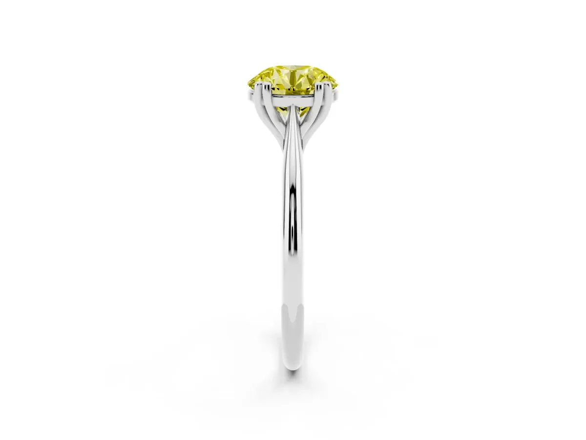 Fancy Yellow Round Cut Solitaire Diamond Ring with Six-Prong Setting and Classic Band Silver