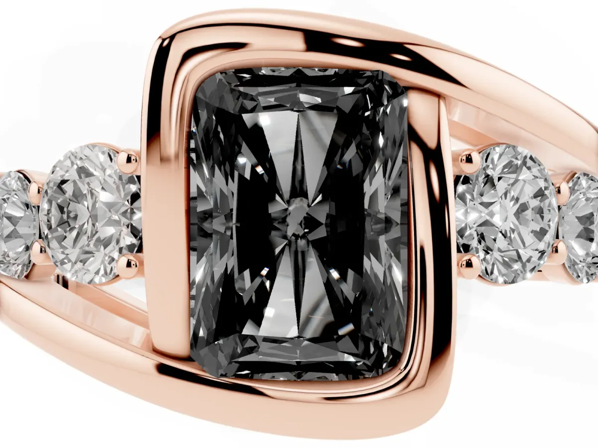 Fancy Black Bezel Set Radiant Cut Diamond Bypass Ring with Round Accents Rose gold