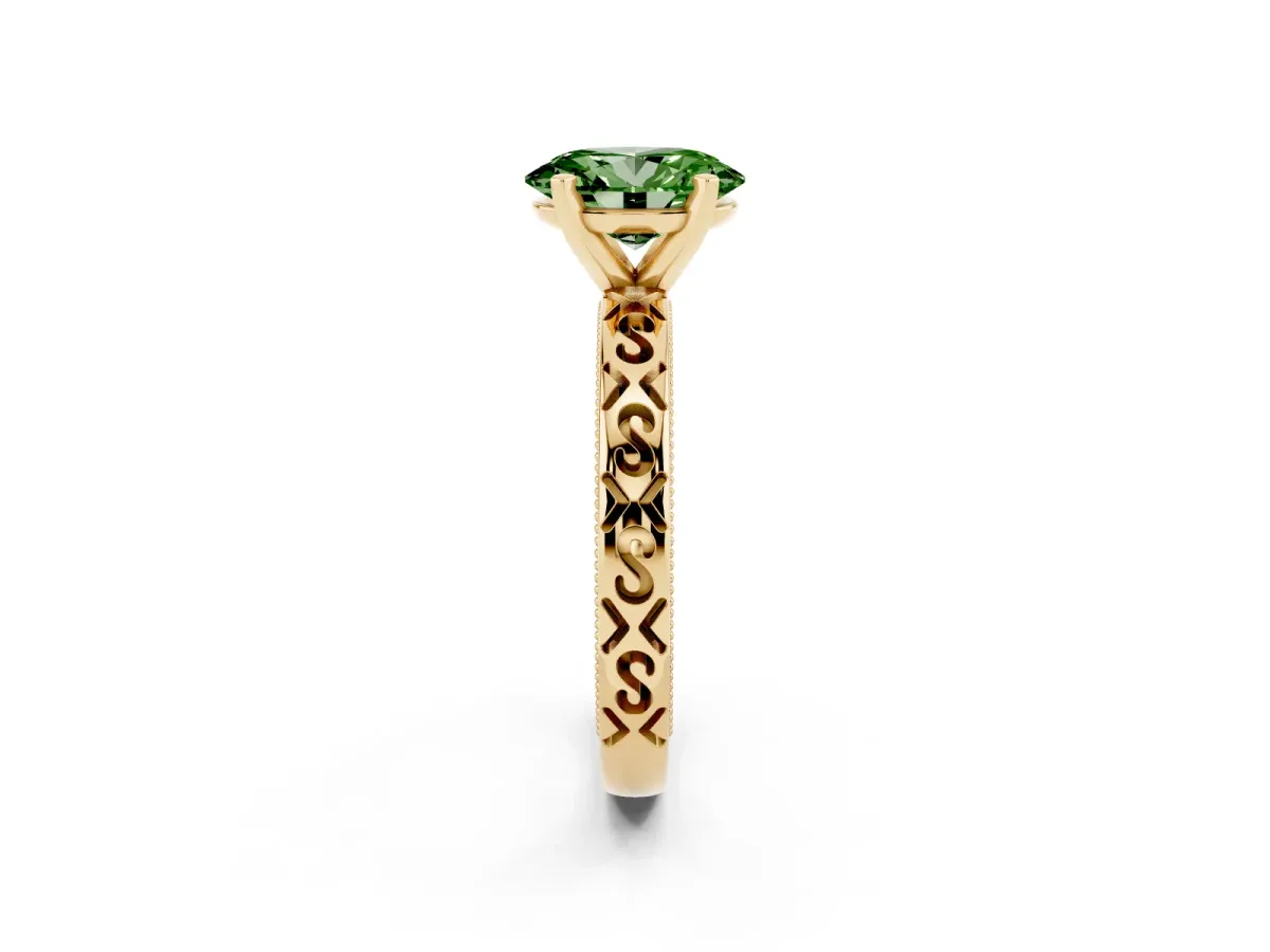 Fancy Green Oval Cut Solitaire Engagement Ring with Scrollwork Band and Four-Prong Setting Yellow gold