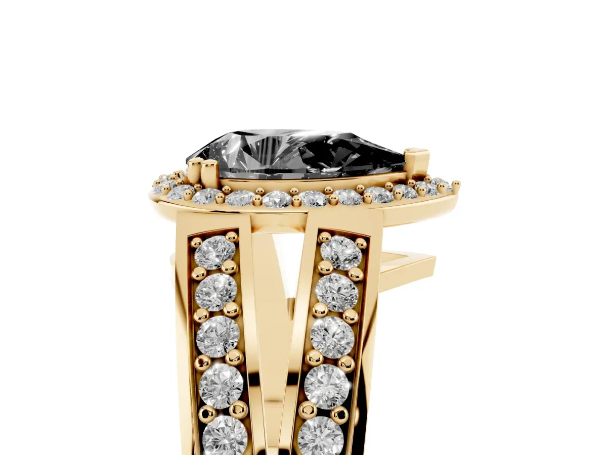 Fancy Black Pear Cut Diamond Halo Ring with Split Shank Pavé Band and Four-Prong Setting Yellow gold