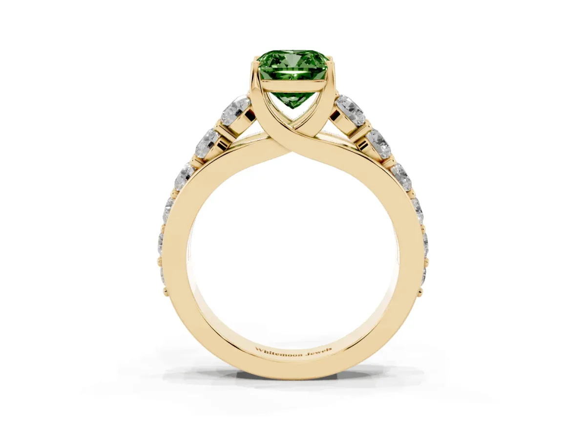 Fancy Green Cushion Cut Diamond Engagement Ring with Pavé Band and Four-Prong Setting Yellow gold