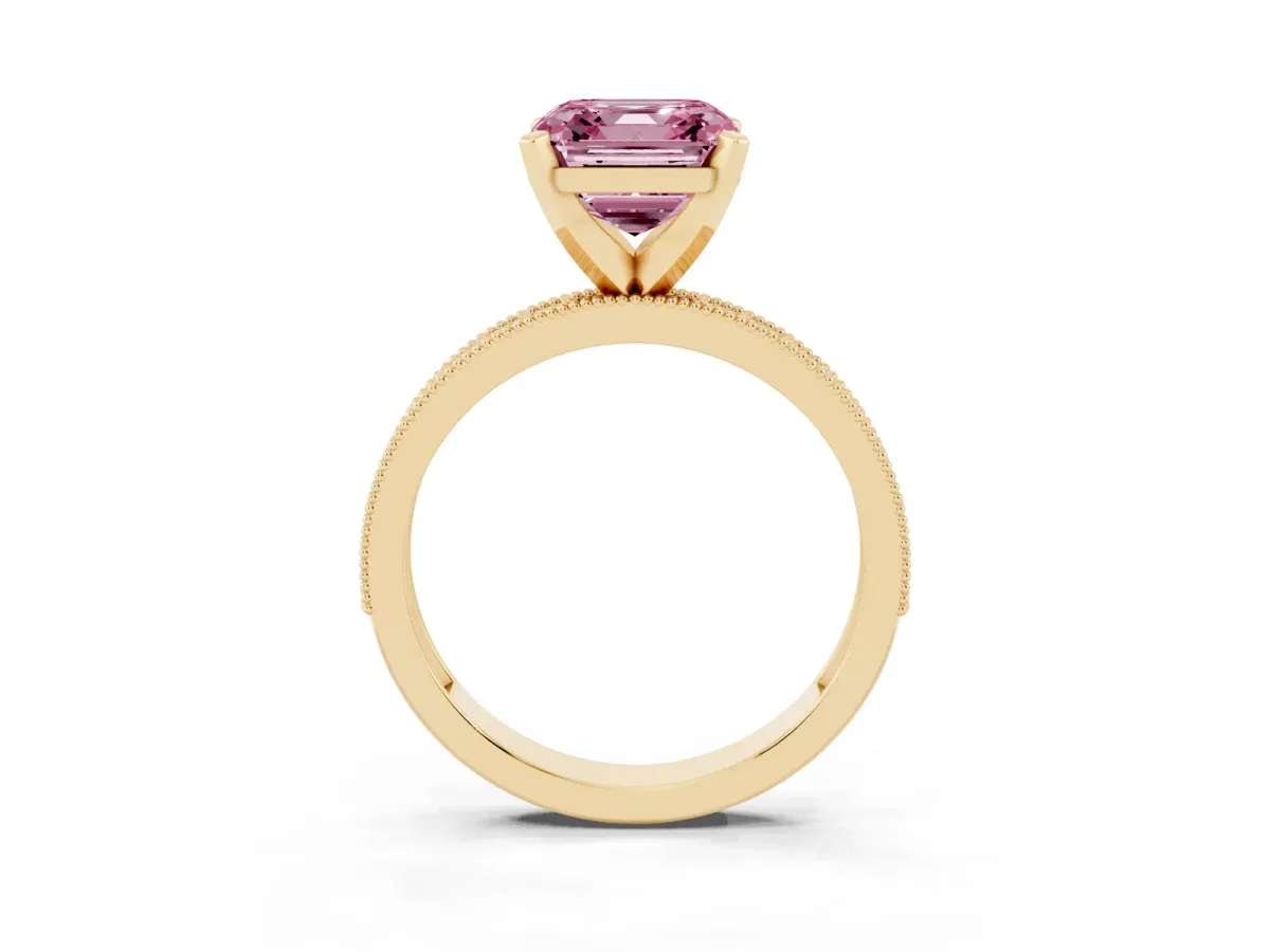 Fancy Pink Asscher Cut Diamond Milgrain Pavé Engagement Ring with Four-Prong Setting Yellow gold