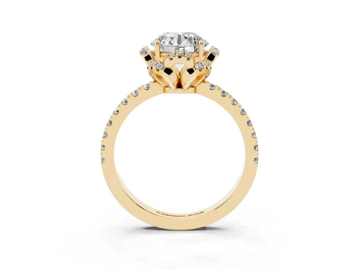 Round Cut Diamond Halo Pave Band with Four-Prong Setting Yellow gold