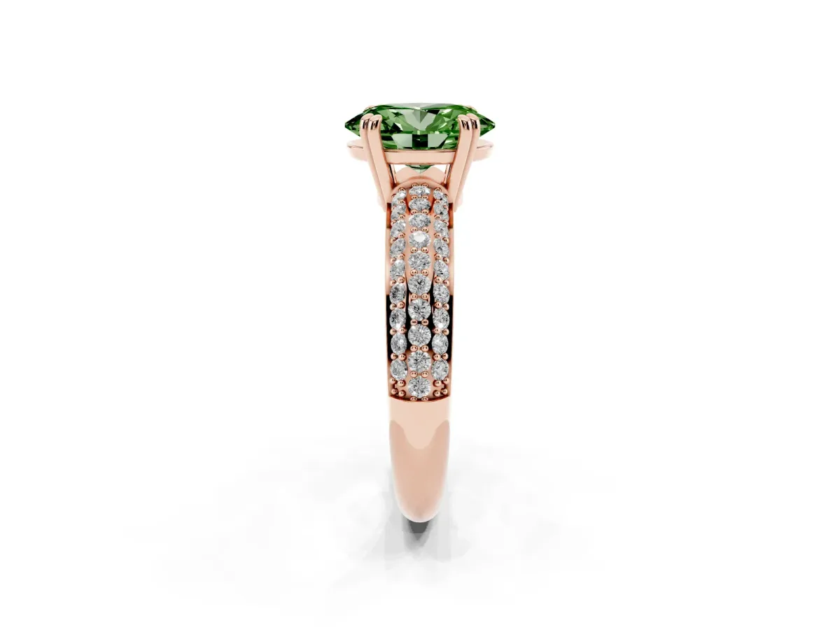 Fancy Green Oval Cut Diamond Solitaire Ring with Multi-Row Round Pavé Band and Prong Setting Rose gold