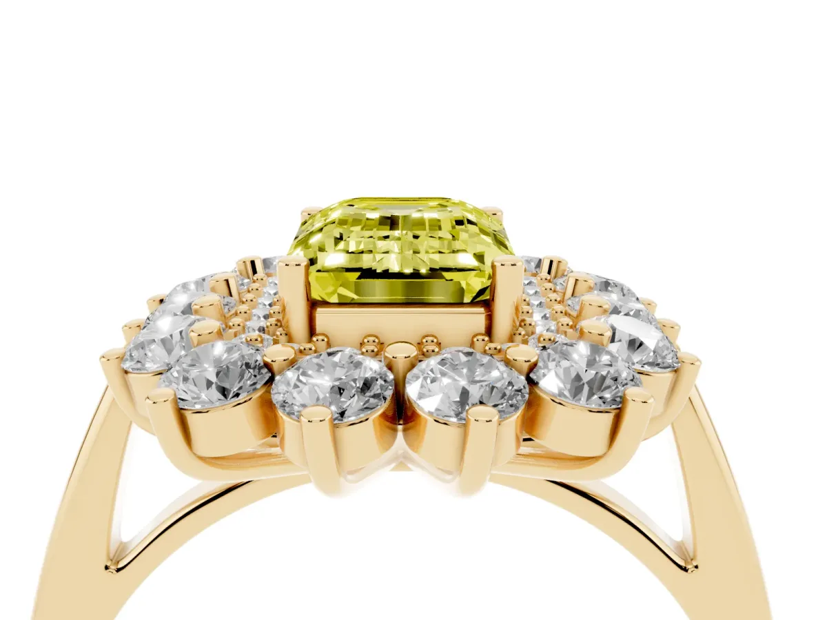 Fancy Yellow Emerald Cut Diamond Floral Double Halo Engagement Ring with Prong Setting Yellow gold