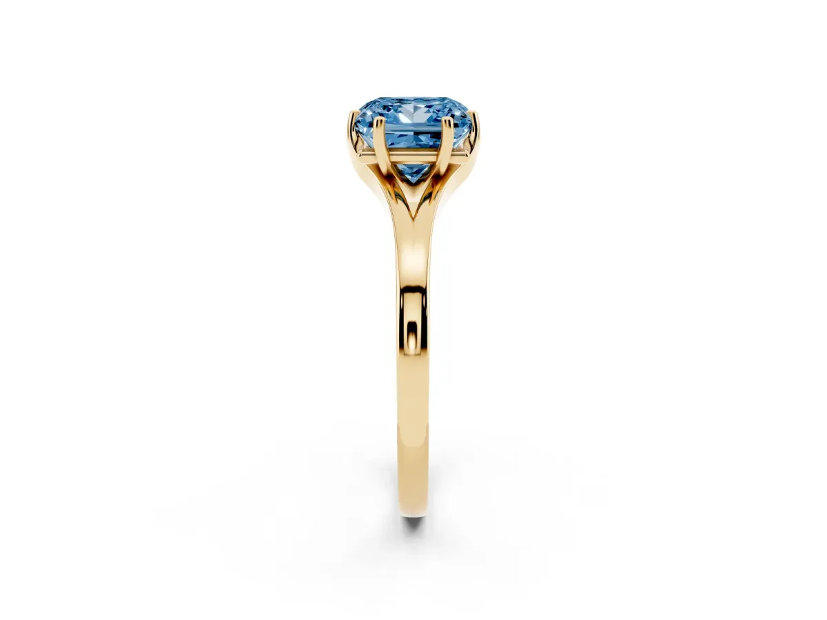 Fancy Blue Princess Cut Solitaire Diamond Ring with Six-Prong Setting and Tapered Band Yellow gold