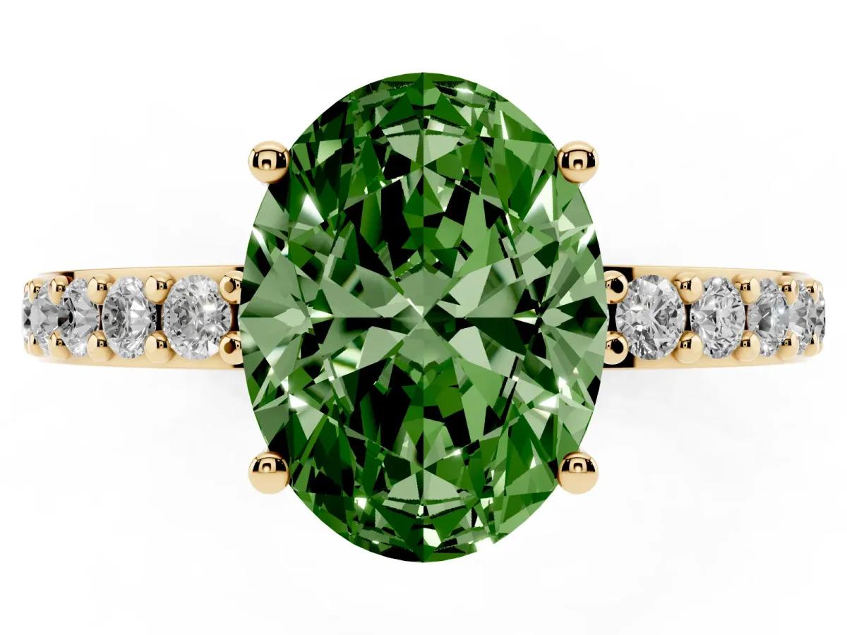 Fancy Green Oval Cut Cut Diamond Solitaire with Pave Band and Four-Prong Setting Yellow gold