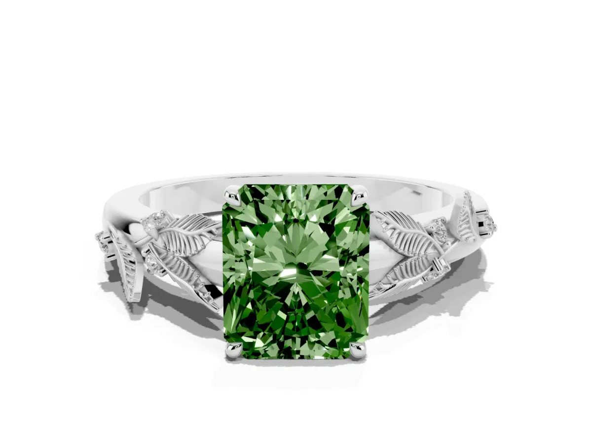 Fancy Green Radiant Cut Diamond Solitaire Ring with Leaf Motif Band and Four-Prong Setting Silver