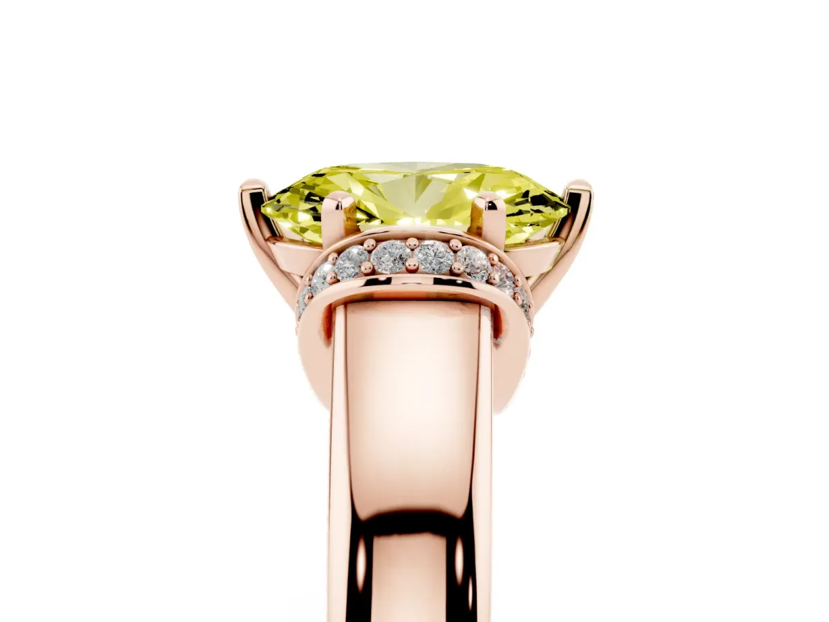 Fancy Yellow Oval Cut Solitaire Diamond Ring with Pave Band and Six-Prong Setting Rose gold