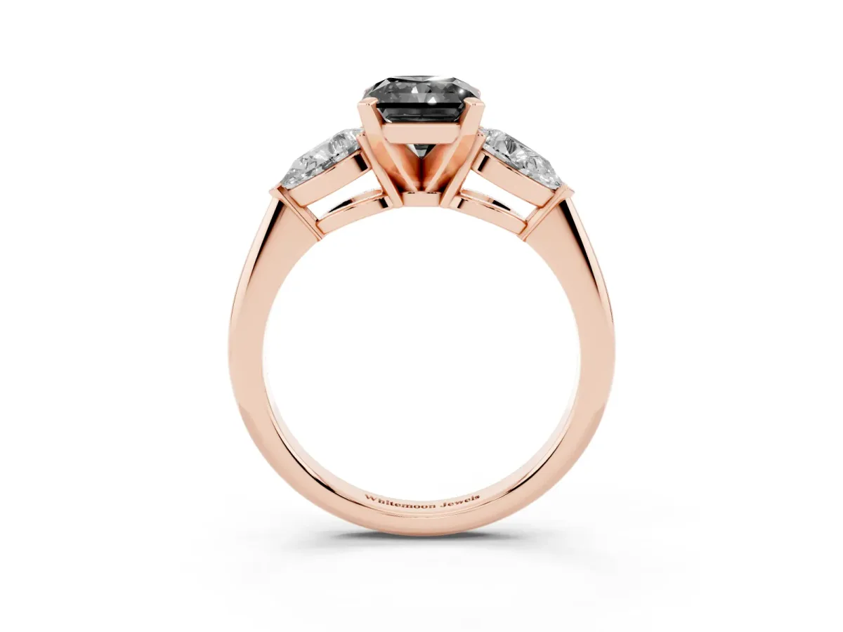 Fancy Black Three-Stone Radiant Cut Diamond Ring with Pear Side Stones and Four-Prong Setting Rose gold