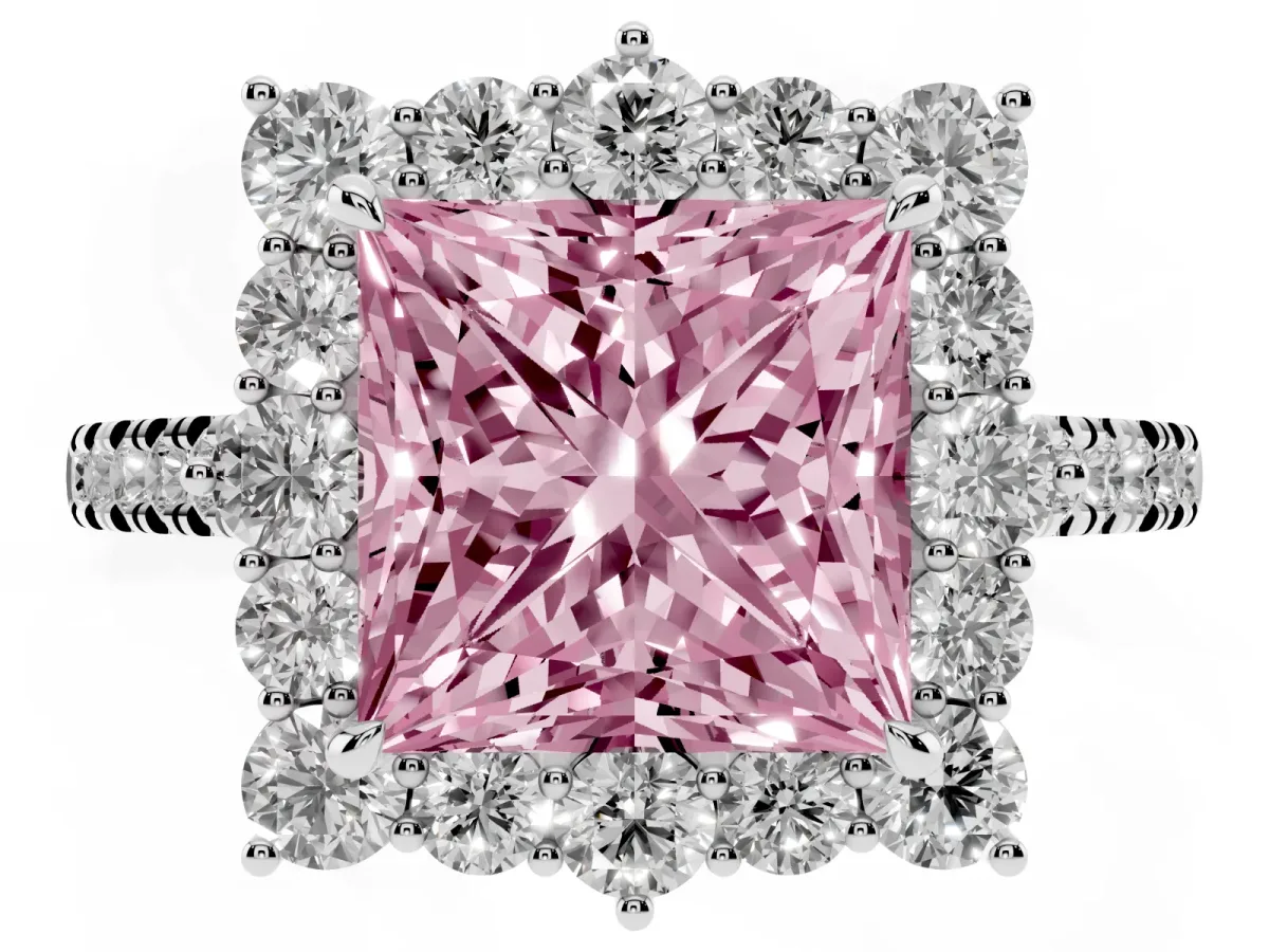 Fancy Pink Princess Cut Halo Diamond Ring with Pavé Band and Prong Setting Silver