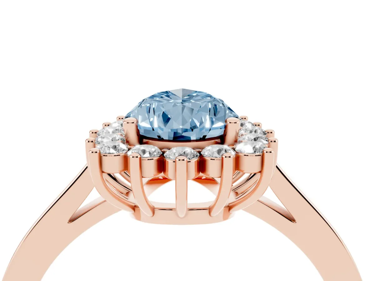 Fancy Blue Pear Cut Cut Diamond Halo Ring with Round Brilliant Halo and Solitaire Band Rose gold