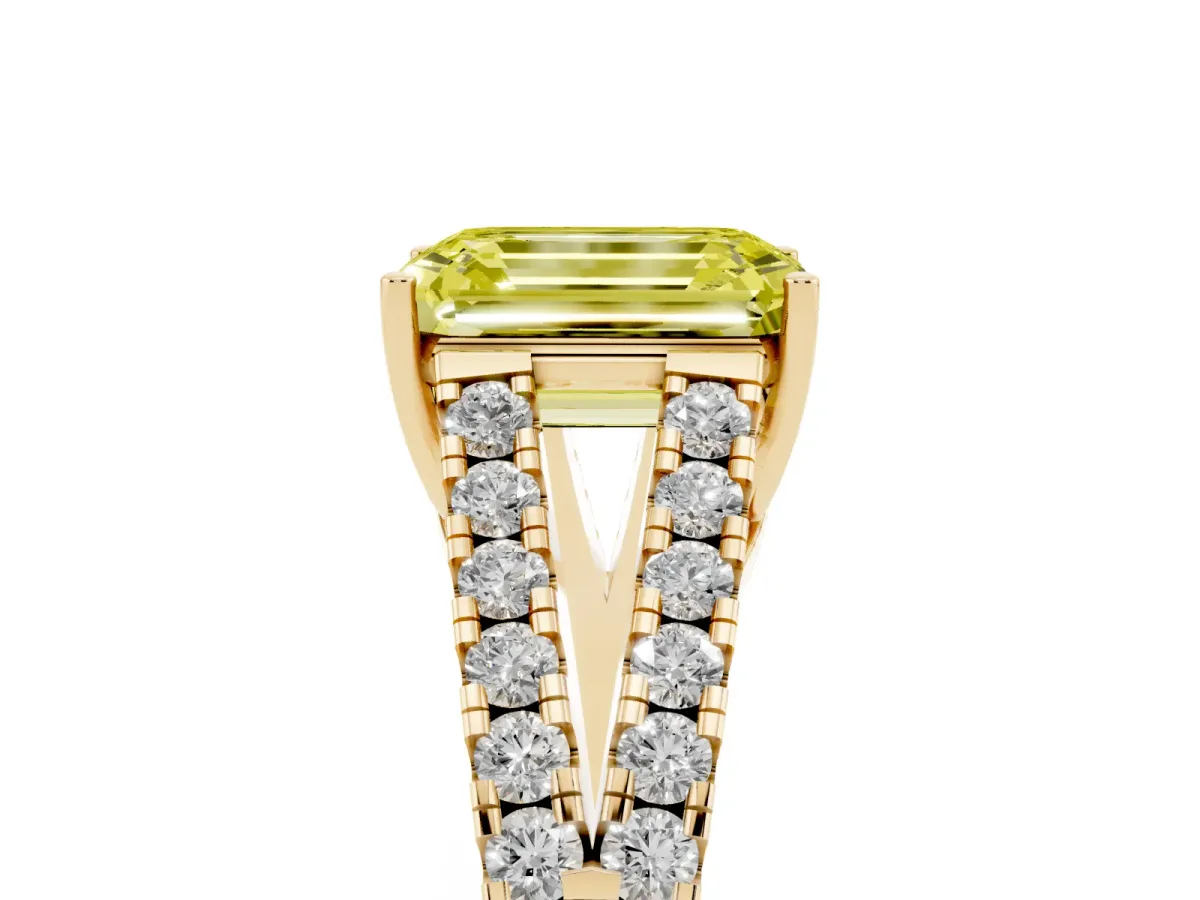 Fancy Yellow Emerald Cut Diamond Split Shank Pavé Engagement Ring with Four-Prong Setting Yellow gold