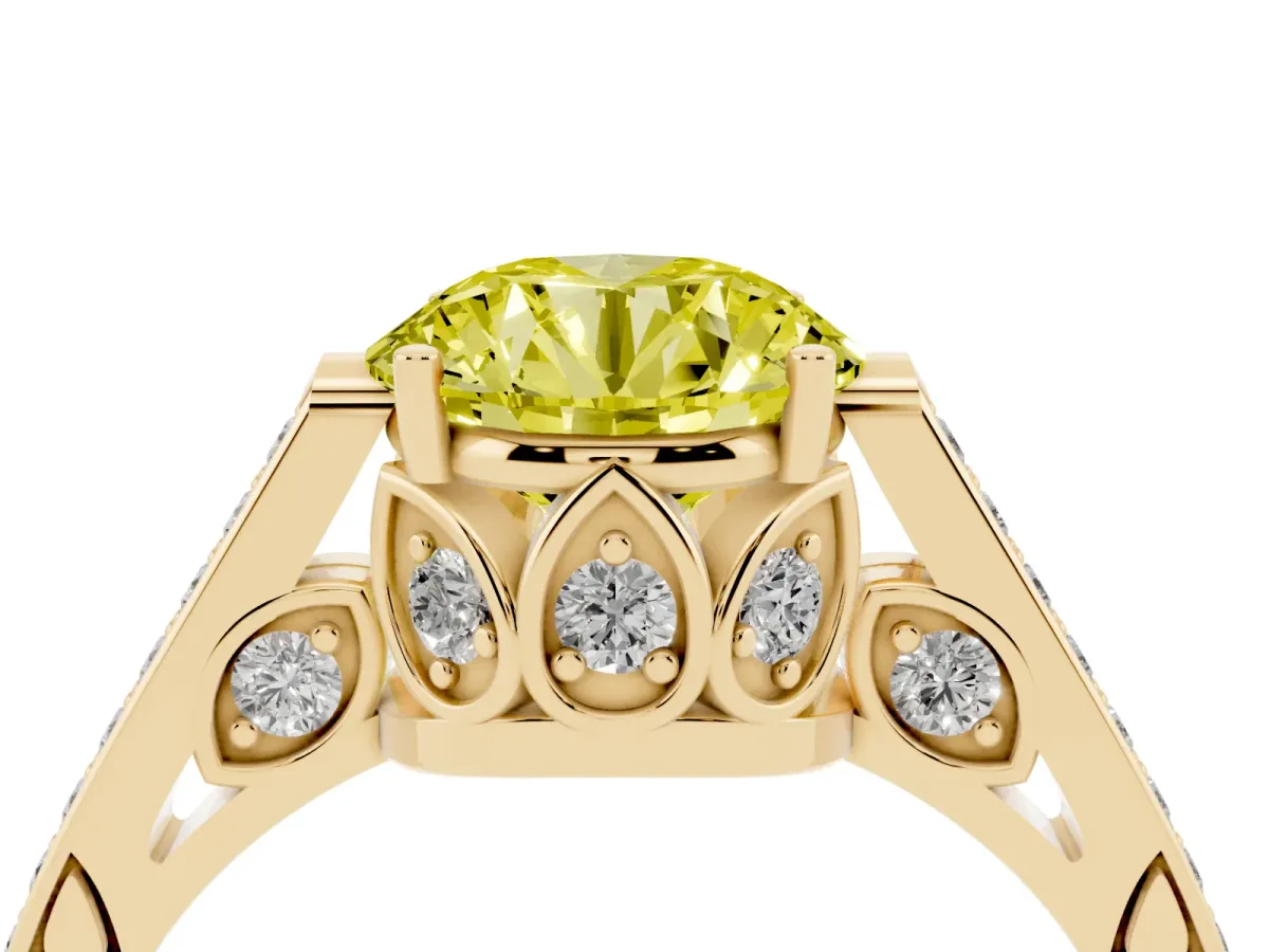 Fancy Yellow Round Cut Cut Cathedral Pave Diamond Engagement Ring with Six-Prong Setting Yellow gold