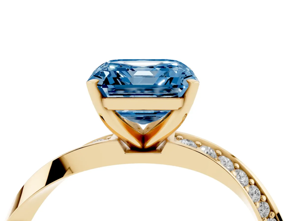 Fancy Blue Asscher Cut Diamond Engagement Ring with Side Stone Accents and Four-Prong Setting Yellow gold
