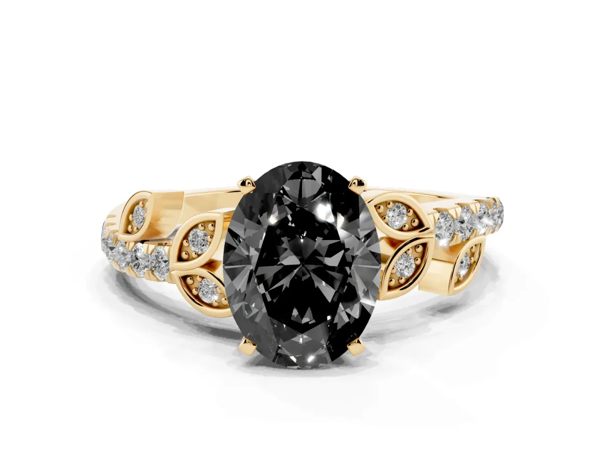 Fancy Black Oval Cut Solitaire Leaf-Inspired Diamond Ring with Pavé Band and Four-Prong Setting Yellow gold