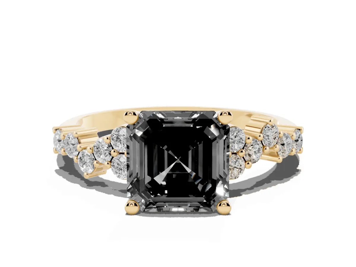Fancy Black Asscher Cut Diamond Scattered Round Accent Ring with Prong Setting Yellow gold
