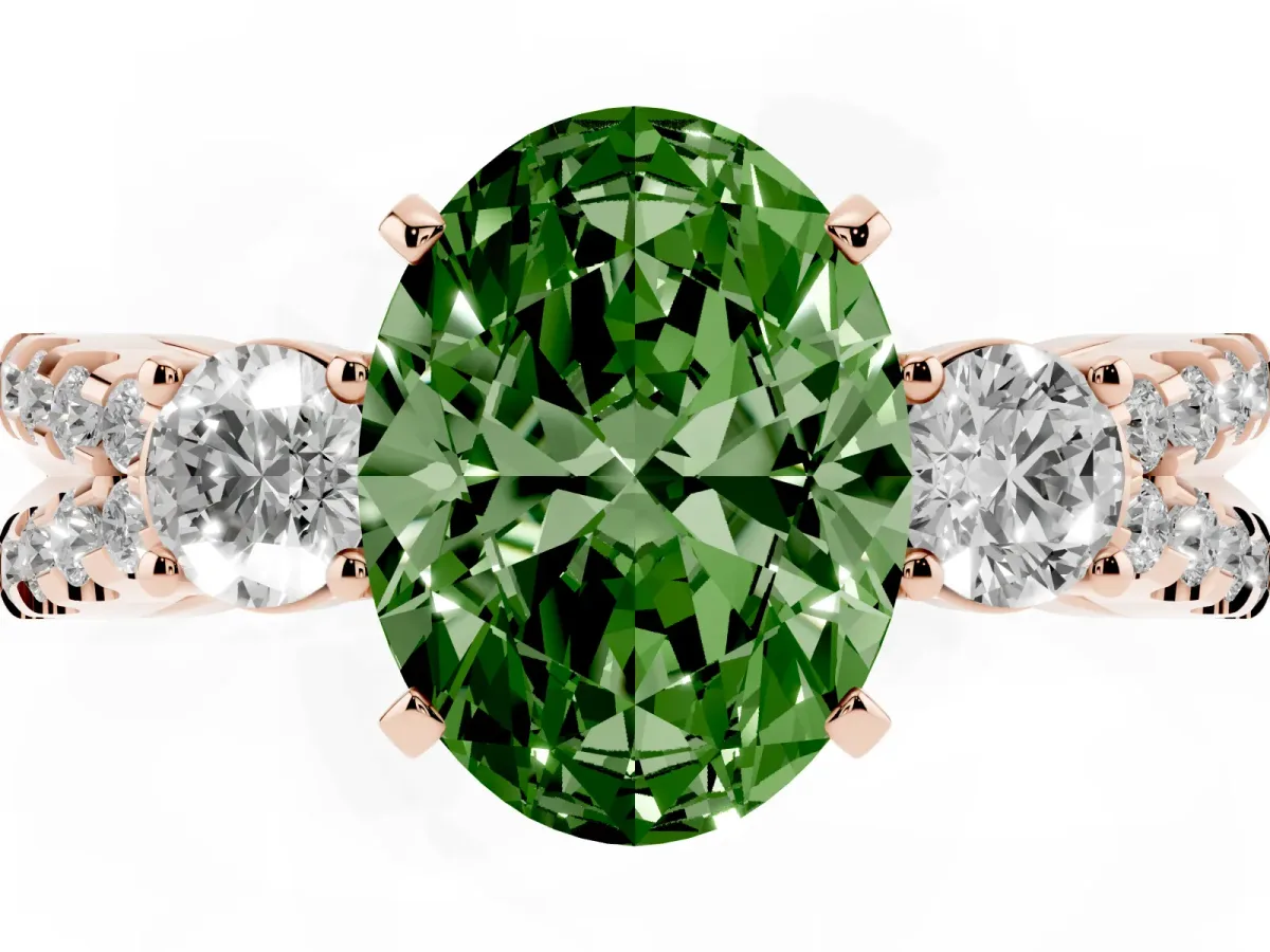 Fancy Green Oval Cut Diamond Three-Stone Ring with Pavé Split Shank and Four-Prong Setting Rose gold