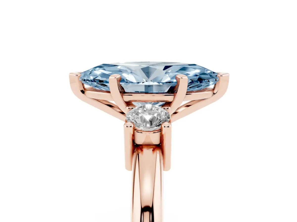 Fancy Blue Three-Stone Marquise Cut Cut Diamond Solitaire with Prong Setting and Classic Band Rose gold