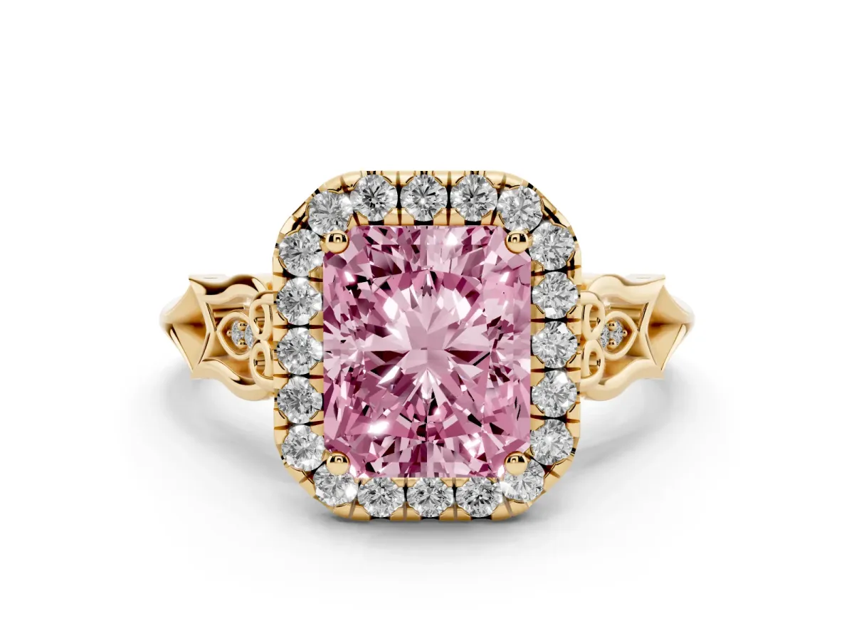 Fancy Pink Radiant Cut Halo Diamond Engagement Ring with Filigree Band and Four-Prong Setting Yellow gold