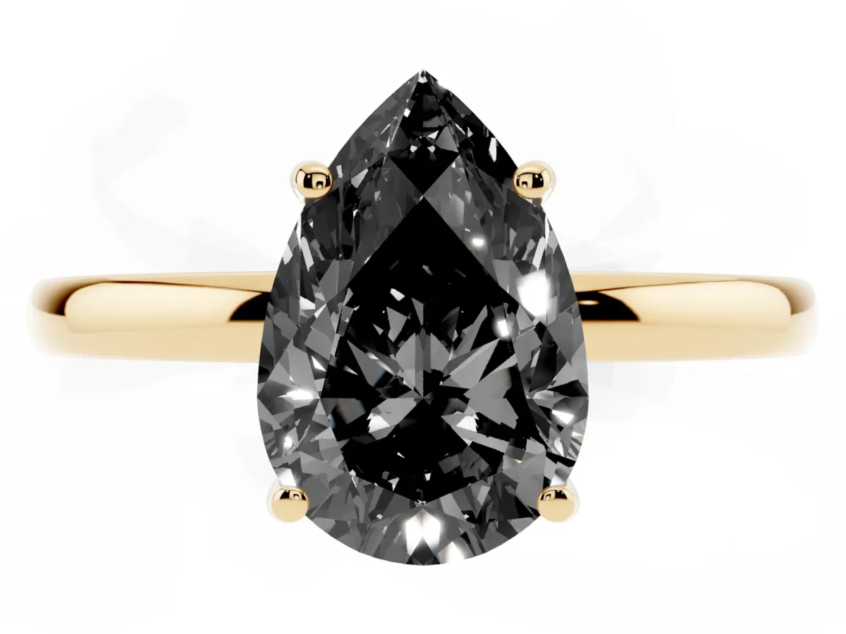 Fancy Black Pear Cut Solitaire Diamond Ring with Prong Setting and Plain Band Yellow gold