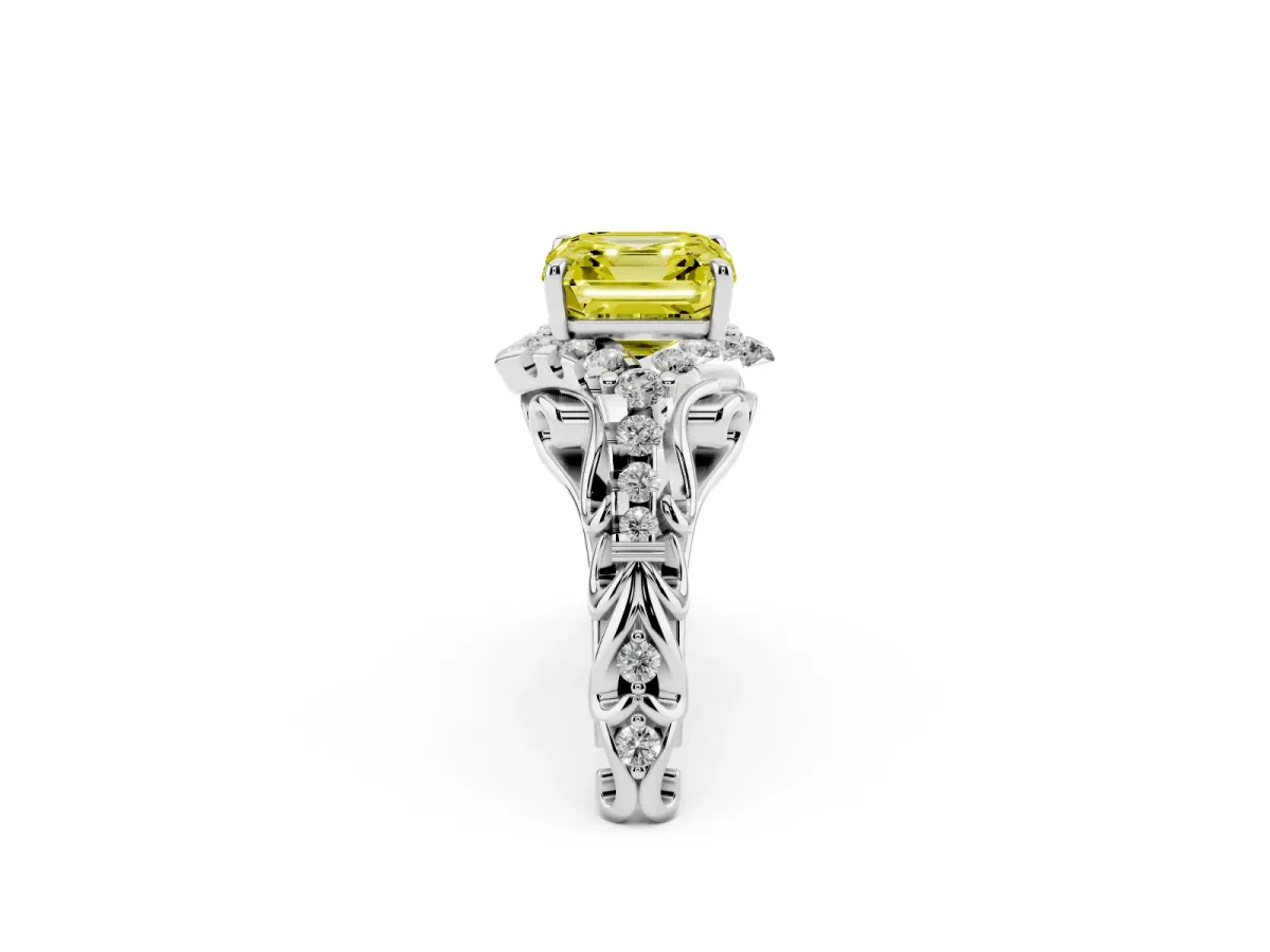 Fancy Yellow Asscher Cut Diamond Solitaire Ring with Hidden Halo and Pavé Band Platinum