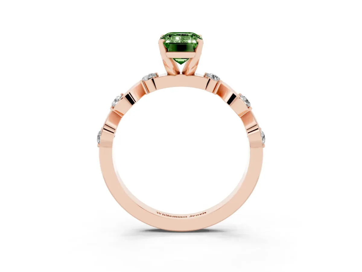 Fancy Green Emerald Cut Diamond Solitaire Twisted Band with Round Accents and Prong Setting Rose gold
